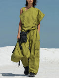 Women's Solid-color Cotton Two-piece Set: Asymmetrical-sleeve Loose-fit Top & Elastic-waist Wide-leg Pants