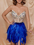 Banquet Bandeau Backless Beaded Split-Joint Feathers Mini Dresses