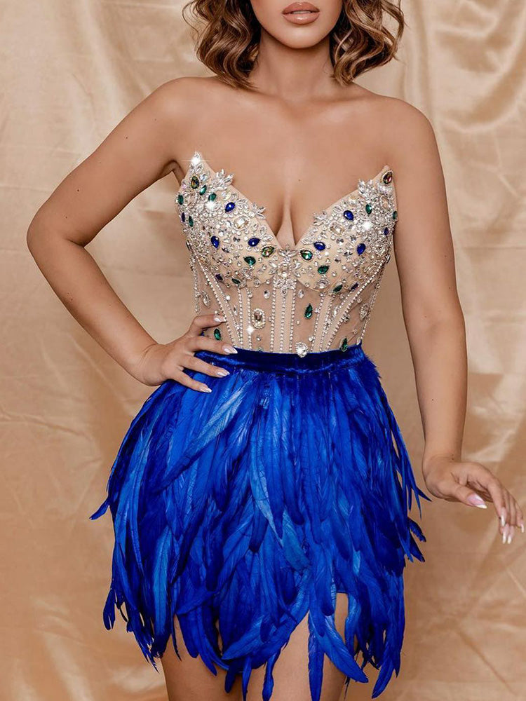 Banquet Bandeau Backless Beaded Split-Joint Feathers Mini Dresses