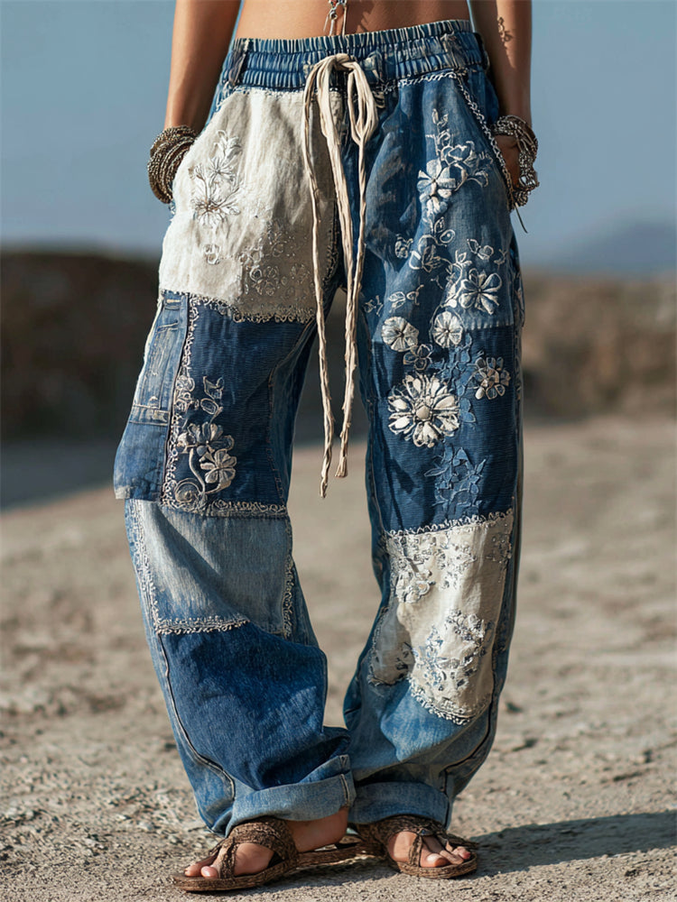 Floral Lace Japanese Sashiko Patchwork Flowy Linen Pants