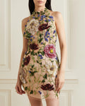 Women's Halter Neck Mesh Embroidered Mini Dress