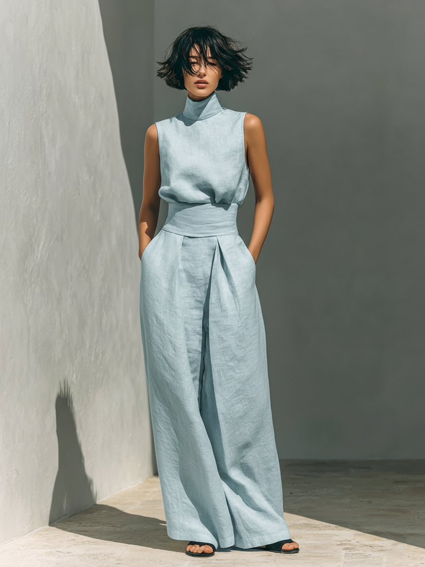 Women's Minimalist Cotton And Linen Blend Sleeveless Blouse And Wide-leg Pants Set MDZ0873A5Y