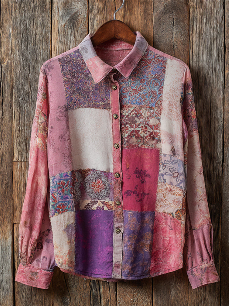 Bohème Style Patchwork Floral Open Bright Color Button-down Shirt