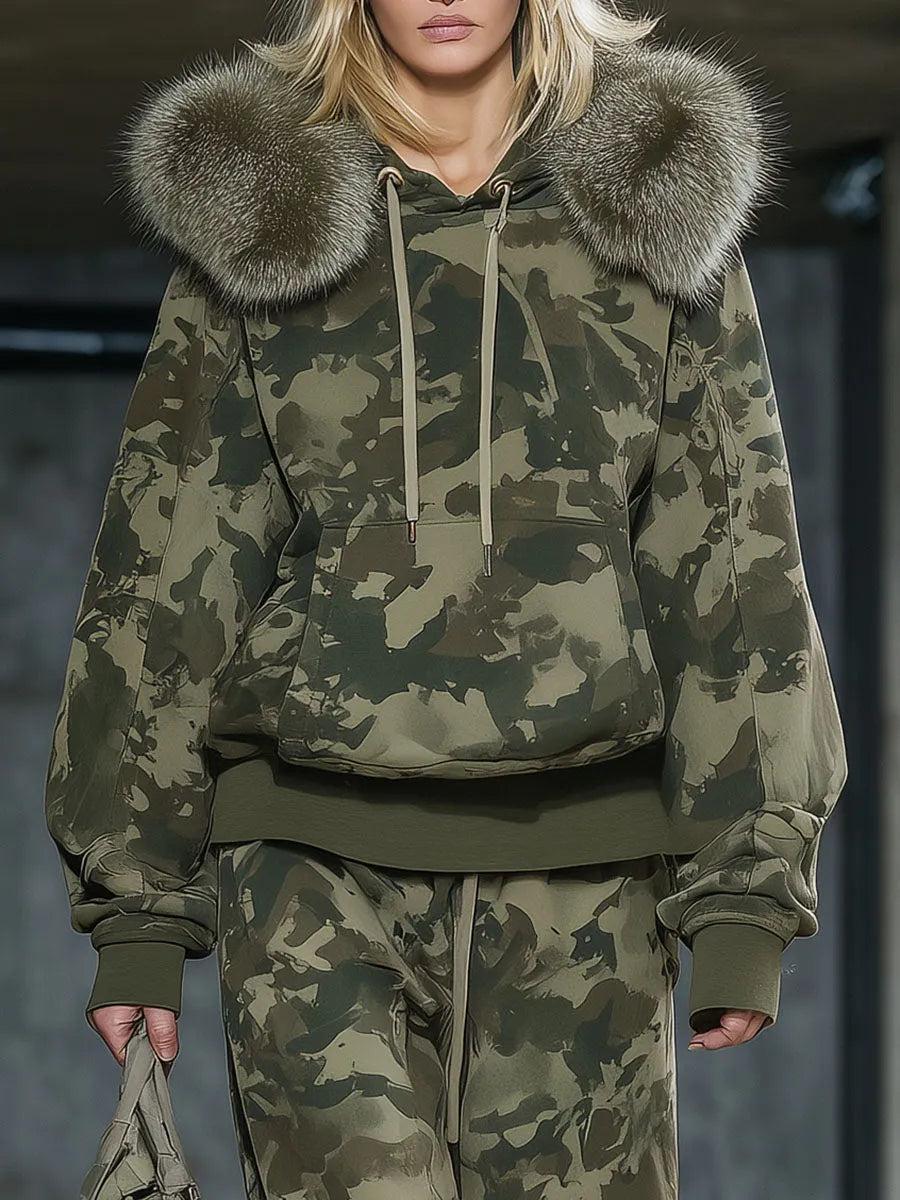 Casual And Fashionable Camouflage Print Faux Fur Collar Sweatshirt And Wide-leg Pants Suit
