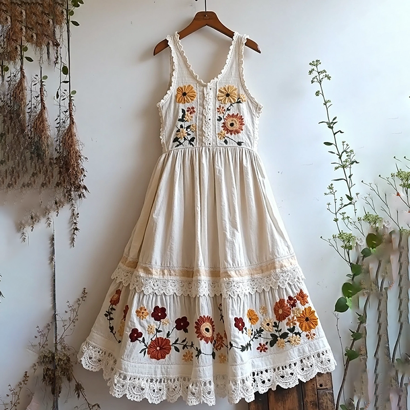 Vintage Lace Flowers Art Linen V Dress