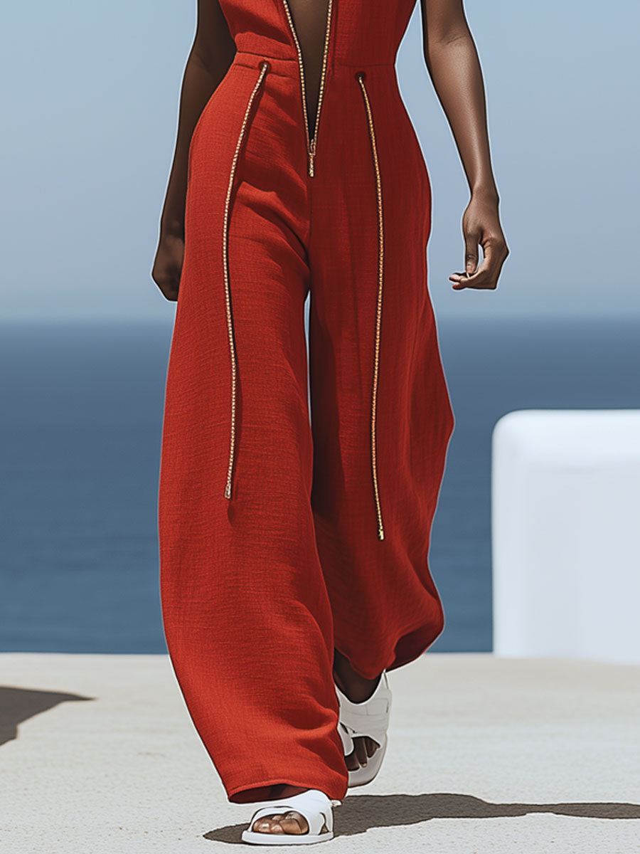 [24-hour shipping out]Casual Retro Red Cotton and Linen Zipper Sleeveless Elastic Waist Wide Leg Jumpsuit