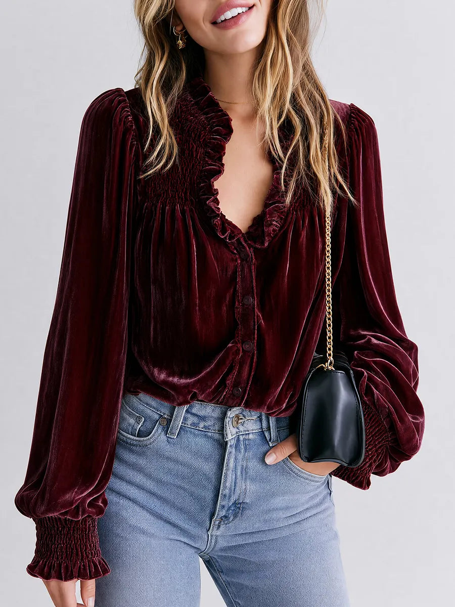 Boho Luxe Button Front Velvet Balloon Sleeve Top
