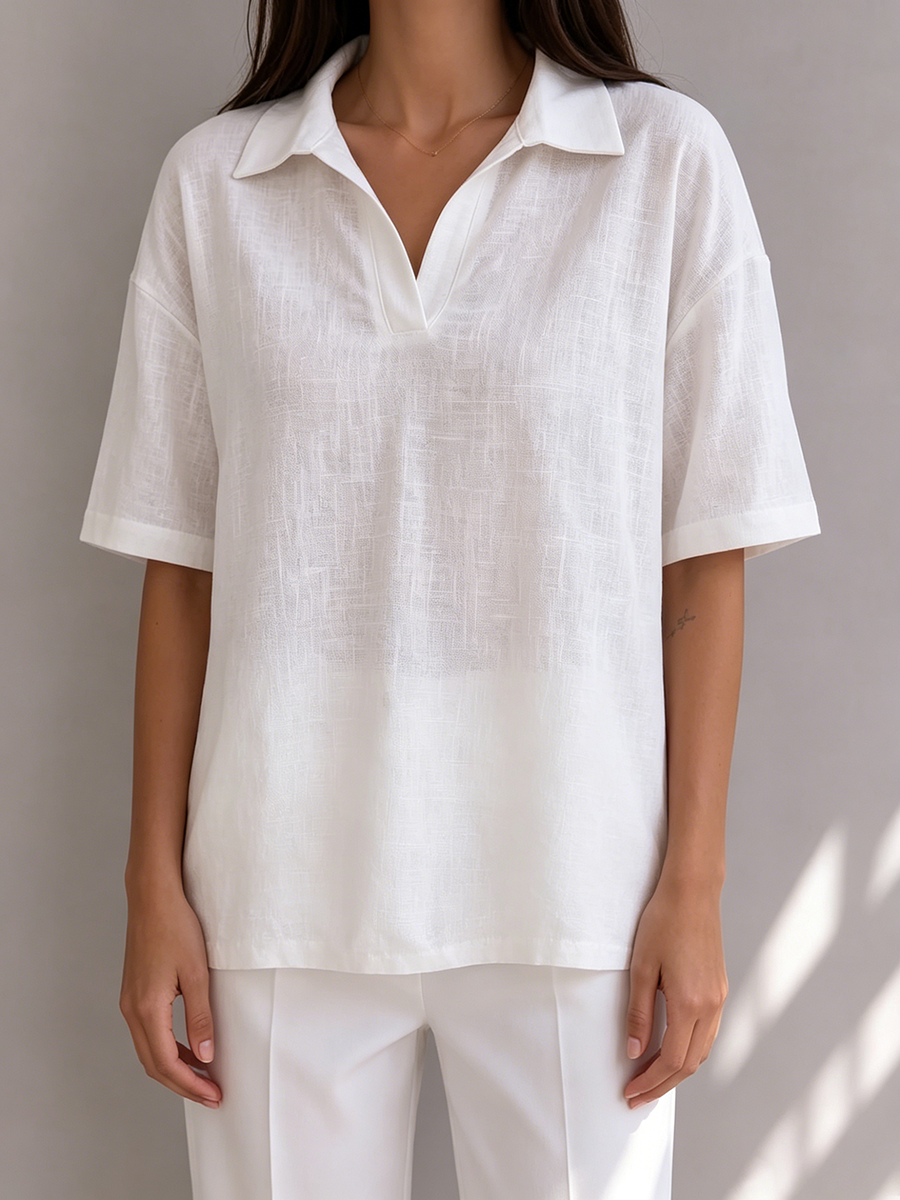 Casual & Cozy Cotton-linen Polo Blouse