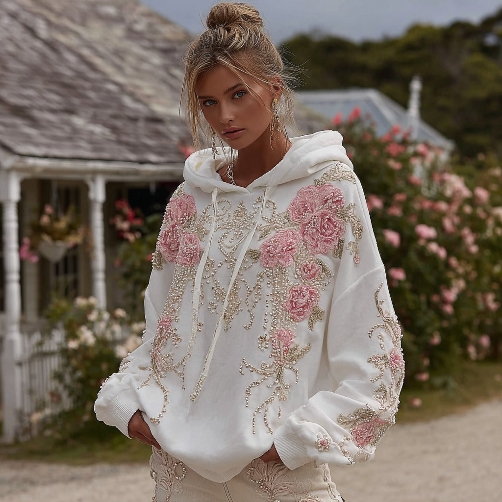 Women's Vintage Rose Pearl Embroidery Comfortable Warm Hoodie
