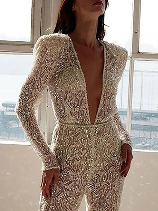 Stylish Crochet H-Line Long Sleeves V-Neck Jumpsuit