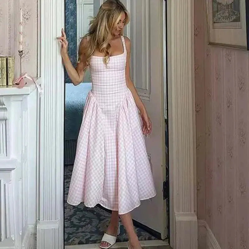Soleina Pink or Yellow Gingham Midi Dress – Pretty Summer Day Dress with Fitted Bodice and Full Skirt