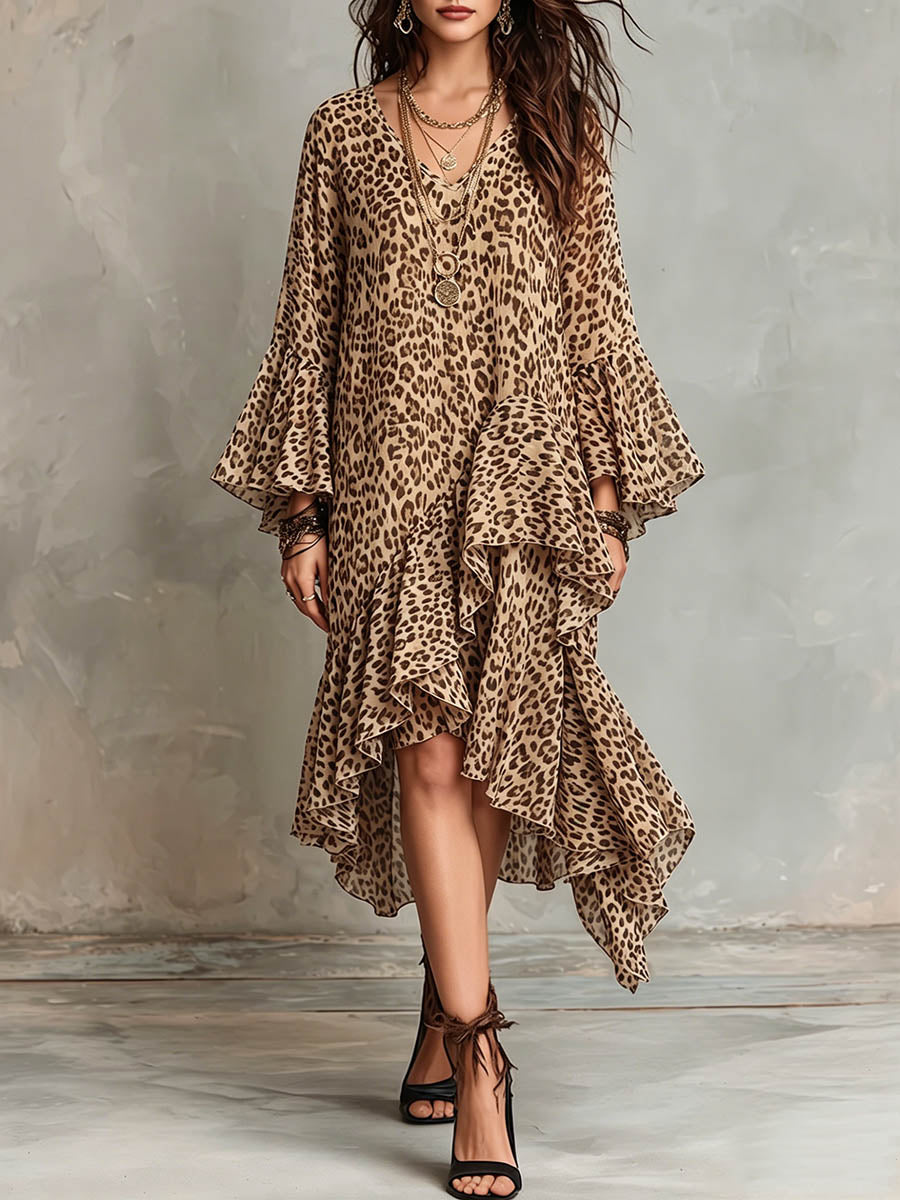 Women's Leopard Print V-neck Long-sleeve Casual Loose Chiffon A-line Dress
