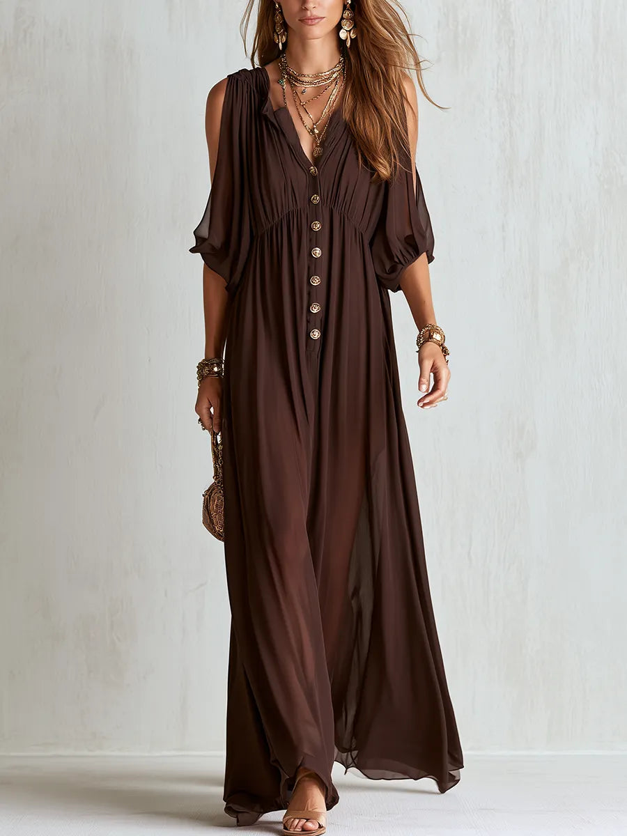 Bohemian Brown Off Shoulder Chiffon Maxi Dress