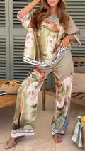 Abstract Oil Painting Printed Short Sleeve Top Wide Leg Pants Set