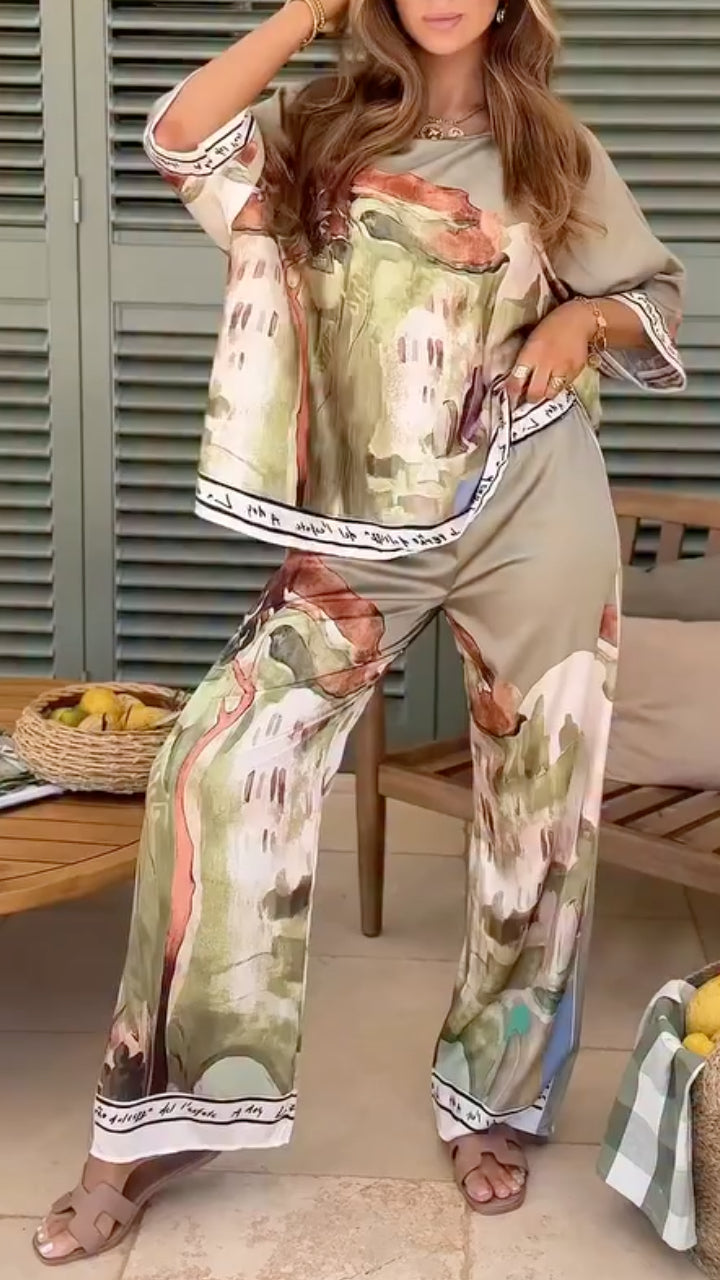 Abstract Oil Painting Printed Short Sleeve Top Wide Leg Pants Set