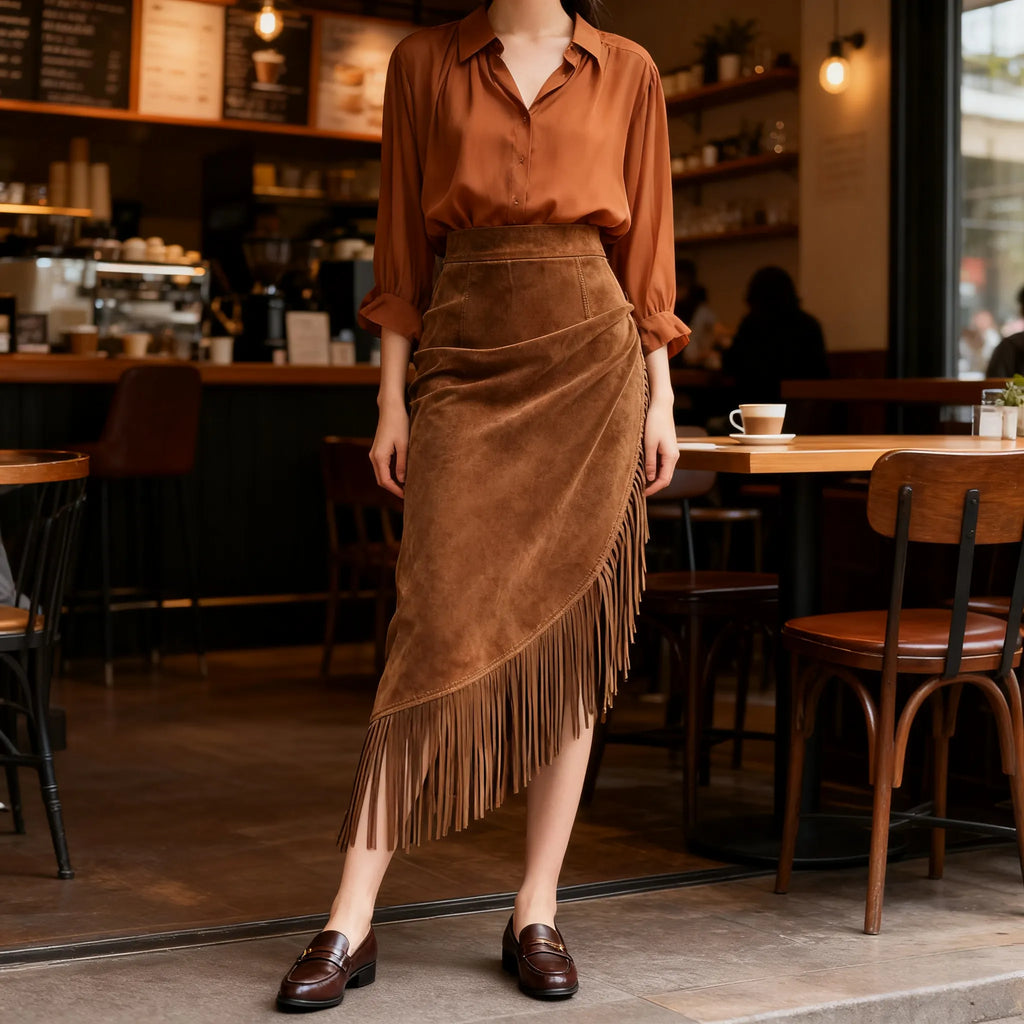 Retro Western Style Irregular Design Fringed Suede Skirt