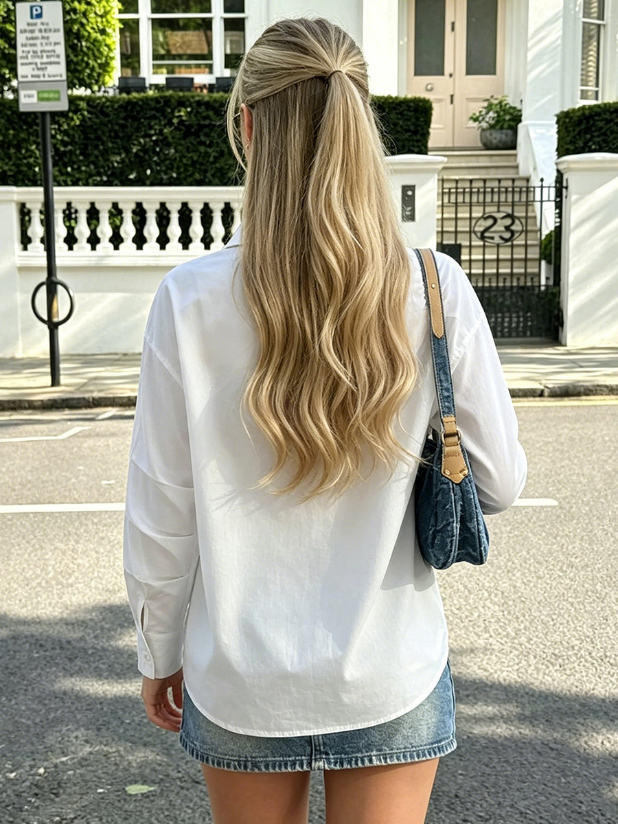 Batwing Sleeves Long Sleeves Buttoned Solid Color Lapel Blouses&Shirts Tops