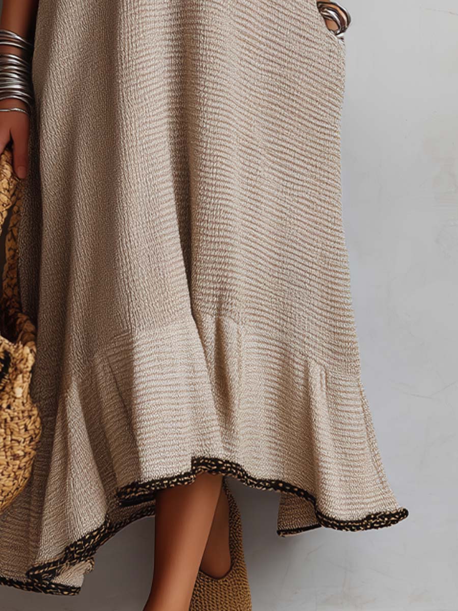 Contrast Piping And Flared Hem Knit Midi Dress