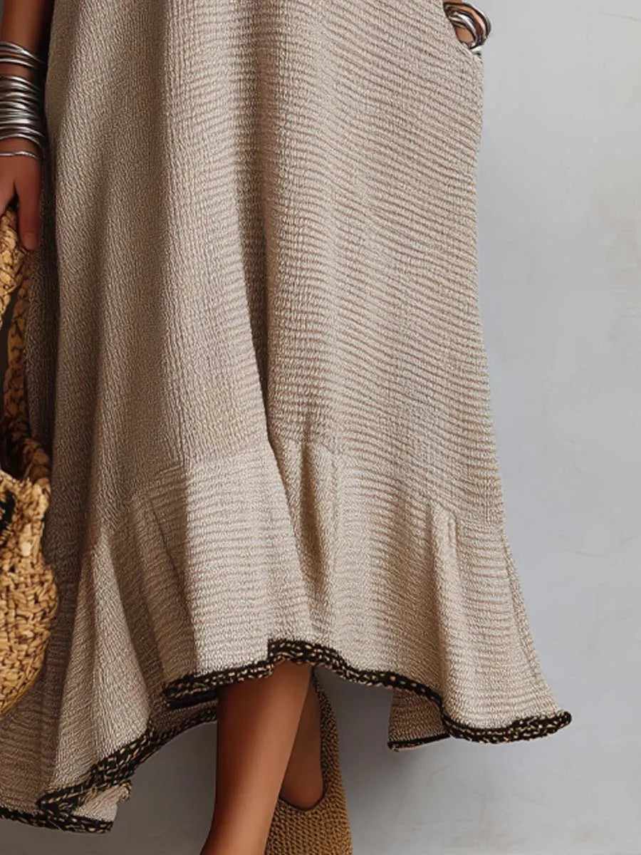 Contrast Piping And Flared Hem Knit Midi Dress