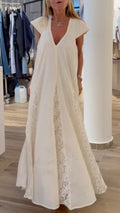 White Lace  V Neck Panel Maxi Dress