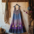 Boho Gradient Floral Embroidered Pattern Lace Patchwork Art Linen Dress