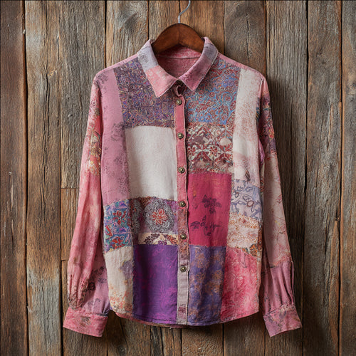 Bohème Style Patchwork Floral Open Bright Color Button-down Shirt