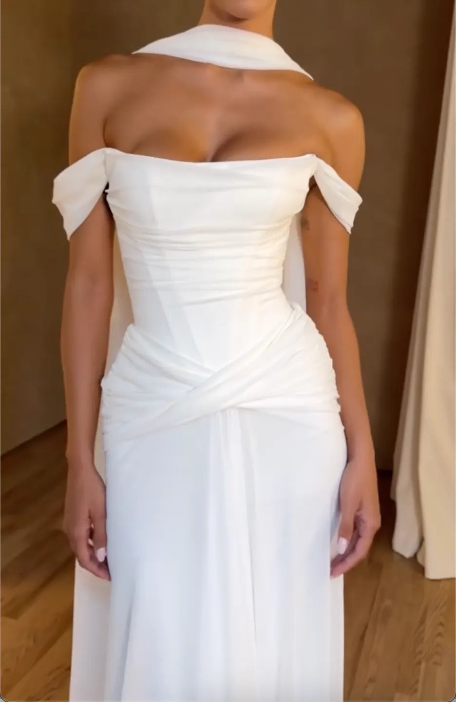 White Off Shoulder Corset Maxi Gown with Neck Scarf for Wedding Bridal Reception Elopement Evening Party Photoshoot