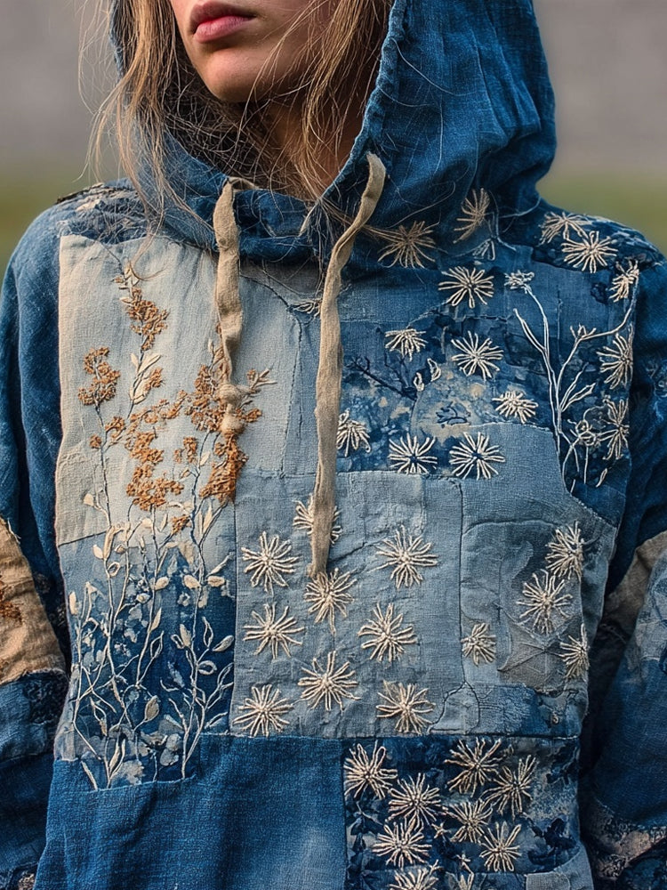 Vintage Boho Floral Embroidered Patchwork Cozy Hoodie