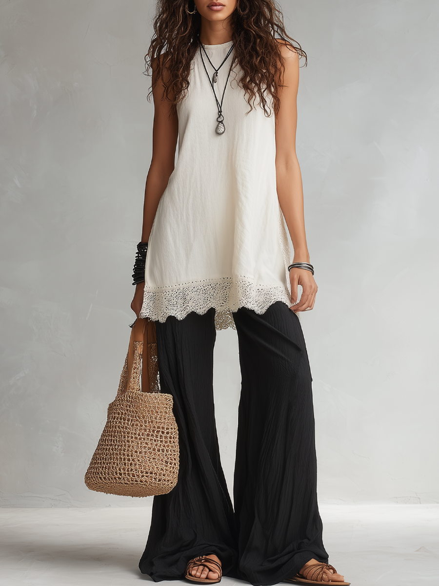 Refined Lace-Hem Sleeveless Tunic & Wide-Leg Pants Set