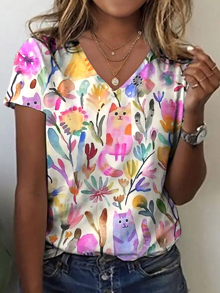 Women's Colorful Floral And Cat Art T-shirt