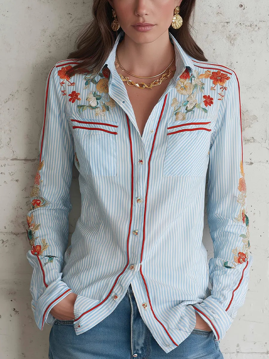 Classic Blue Stripe Floral Embroidered Shirt