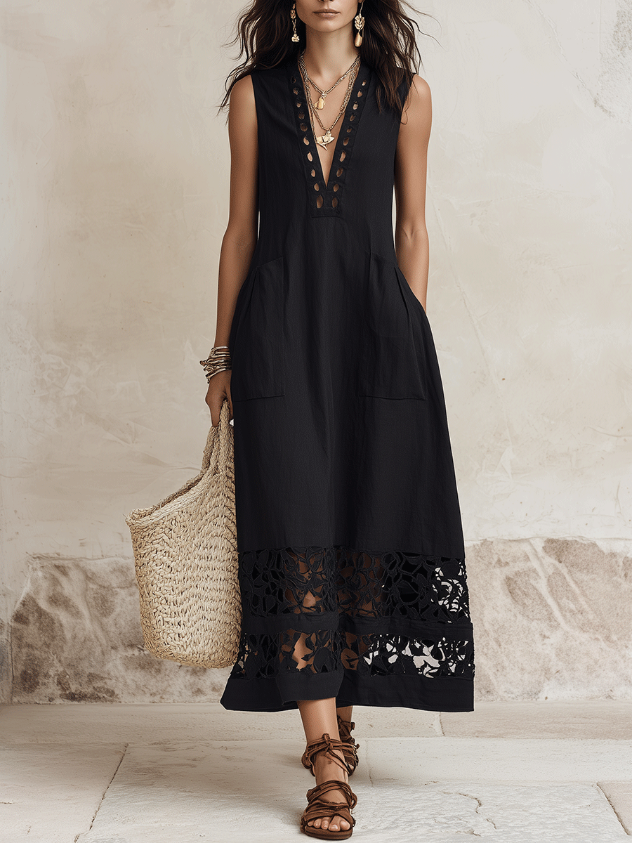 Elegant Vacation Minimal Chic Black Cotton-Linen A-Line Midi Dress