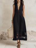 Elegant Vacation Minimal Chic Black Cotton-Linen A-Line Midi Dress