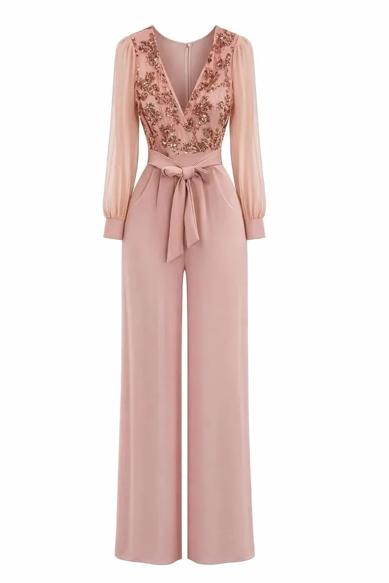 Women's V-Neck Sequined Embroidered Patchwork Jumpsuit