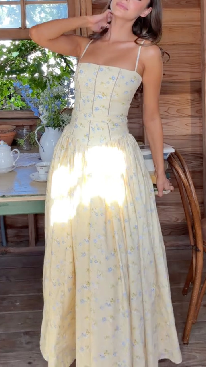 Yellow Floral Spaghetti Strap Maxi Dress