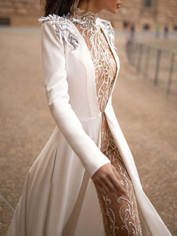 Fashion White Lace Beaded Decorate Sequined Banquet Two-Piece Jumpsuit