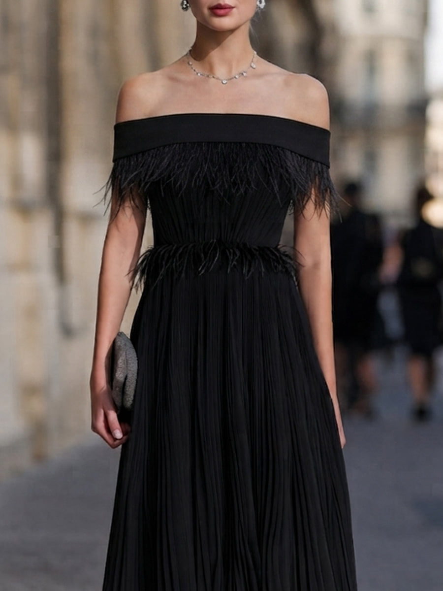 Off-Shoulder Feather-Trimmed Pleated Maxi Gown
