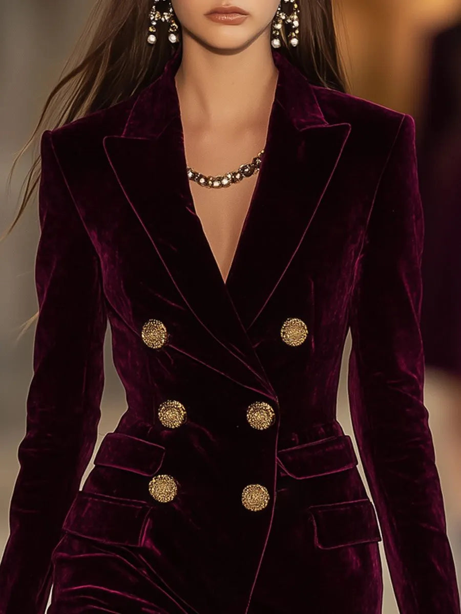 [24-hour shipping out]Casual Loose Vintage Ancora Red Velvet Double Breasted Pocket Blazer Mini Dress