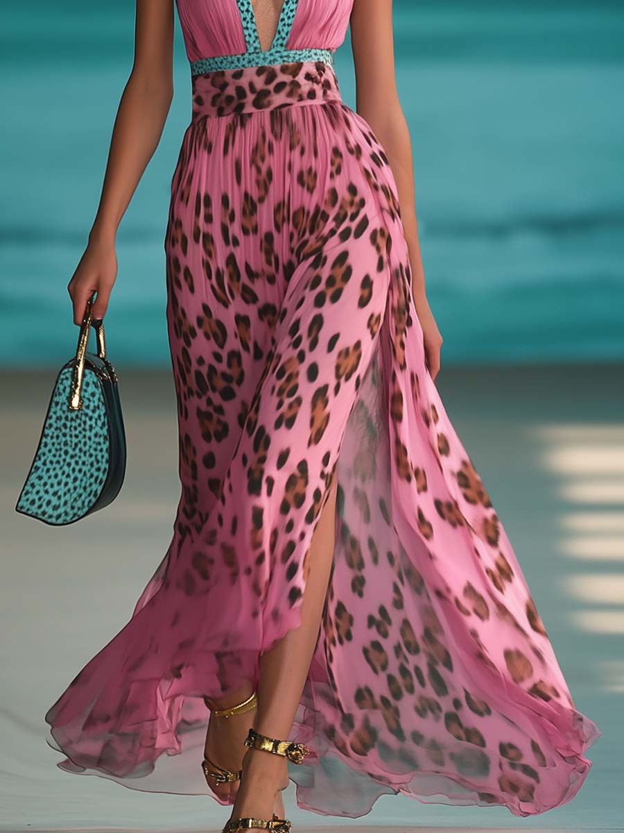 [24-hour shipping out]Retro Fashion Contrast Color V-Neck Leopard Print Pink Chiffon Slit Maxi Dress
