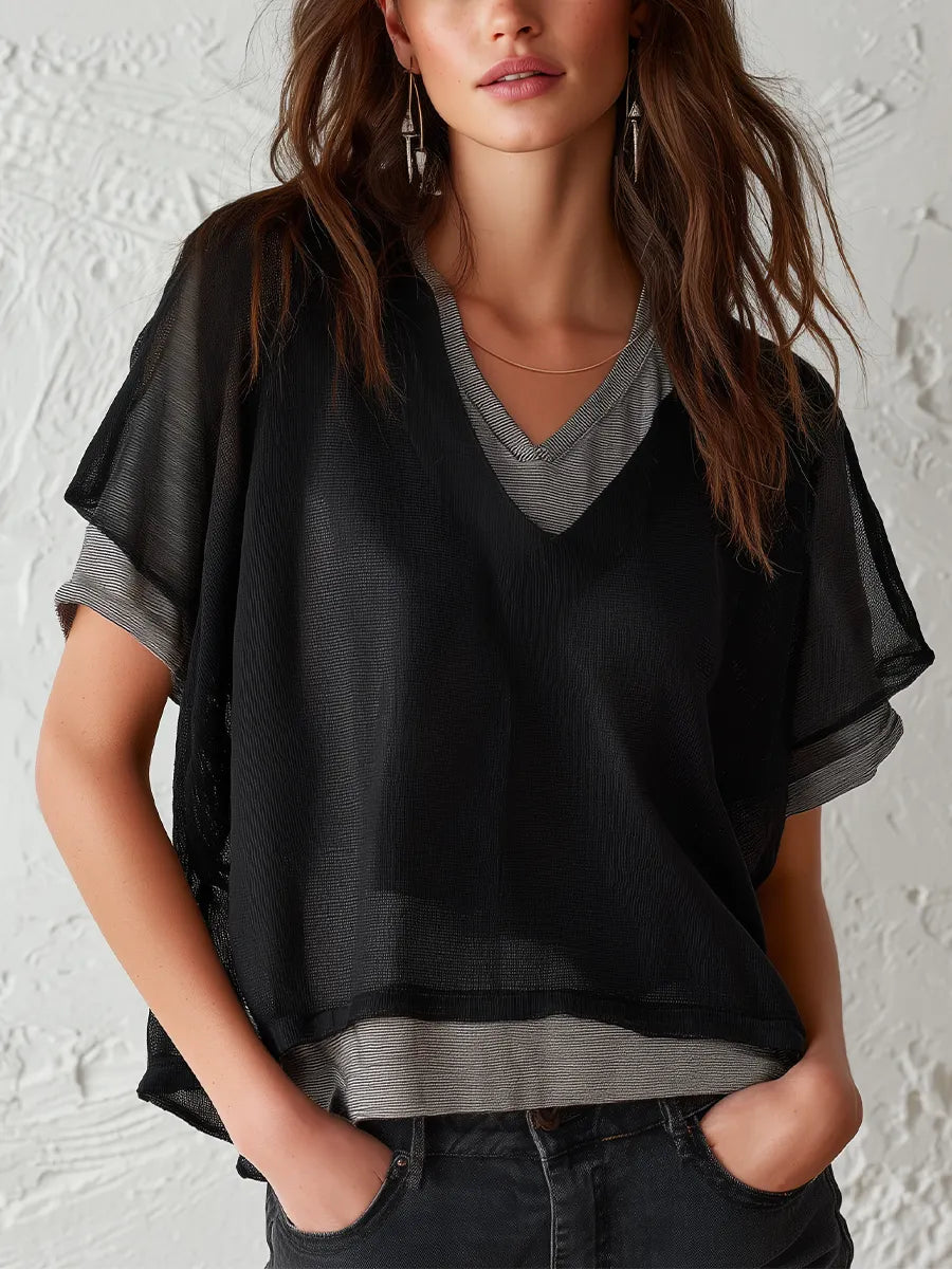 Modern Black Sheer Layered V-Neck Top