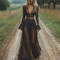 Retro V-neck Lace Women's Long-sleeved Dress Pastoral Style Lace Retro Long Dress