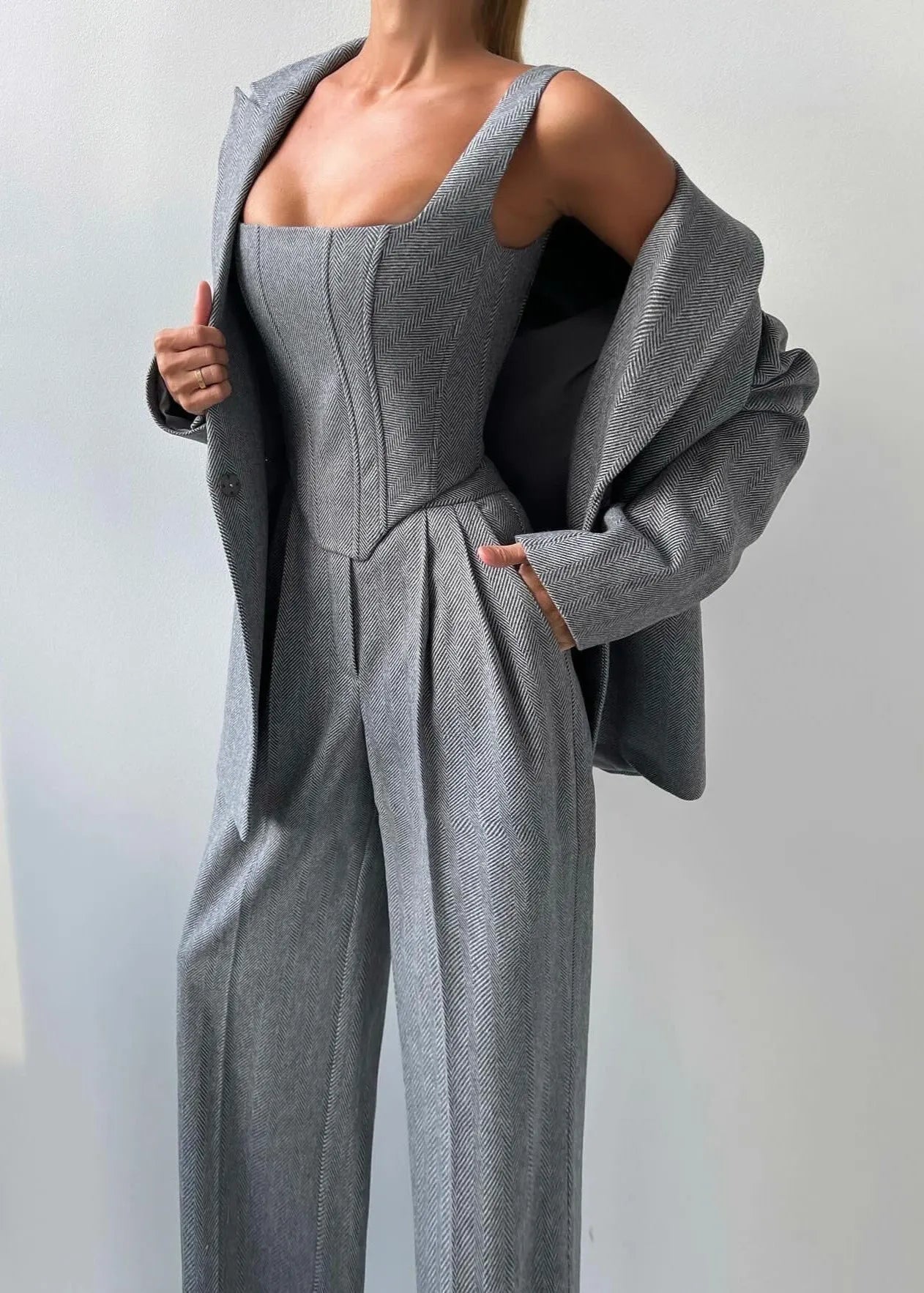 Charcoal Gray Corset Jumpsuit with Matching Blazer