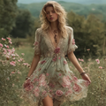 Bohemian Retro Countryside Style Plant Flower Design Cotton And Linen Woman's Dress
