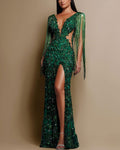 Crystal-Embellished Sequined Fringed Dress