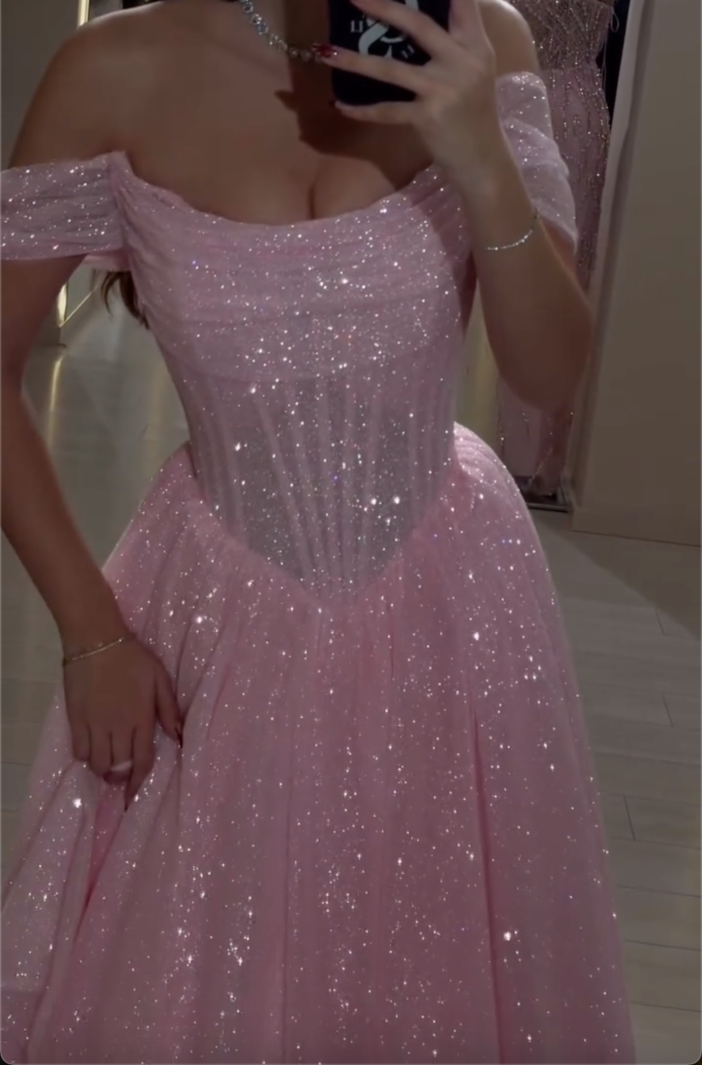Pink/Blue Glitter Tulle Midi Dress with Off-the-Shoulder Puff Sleeves & Corset Bodice