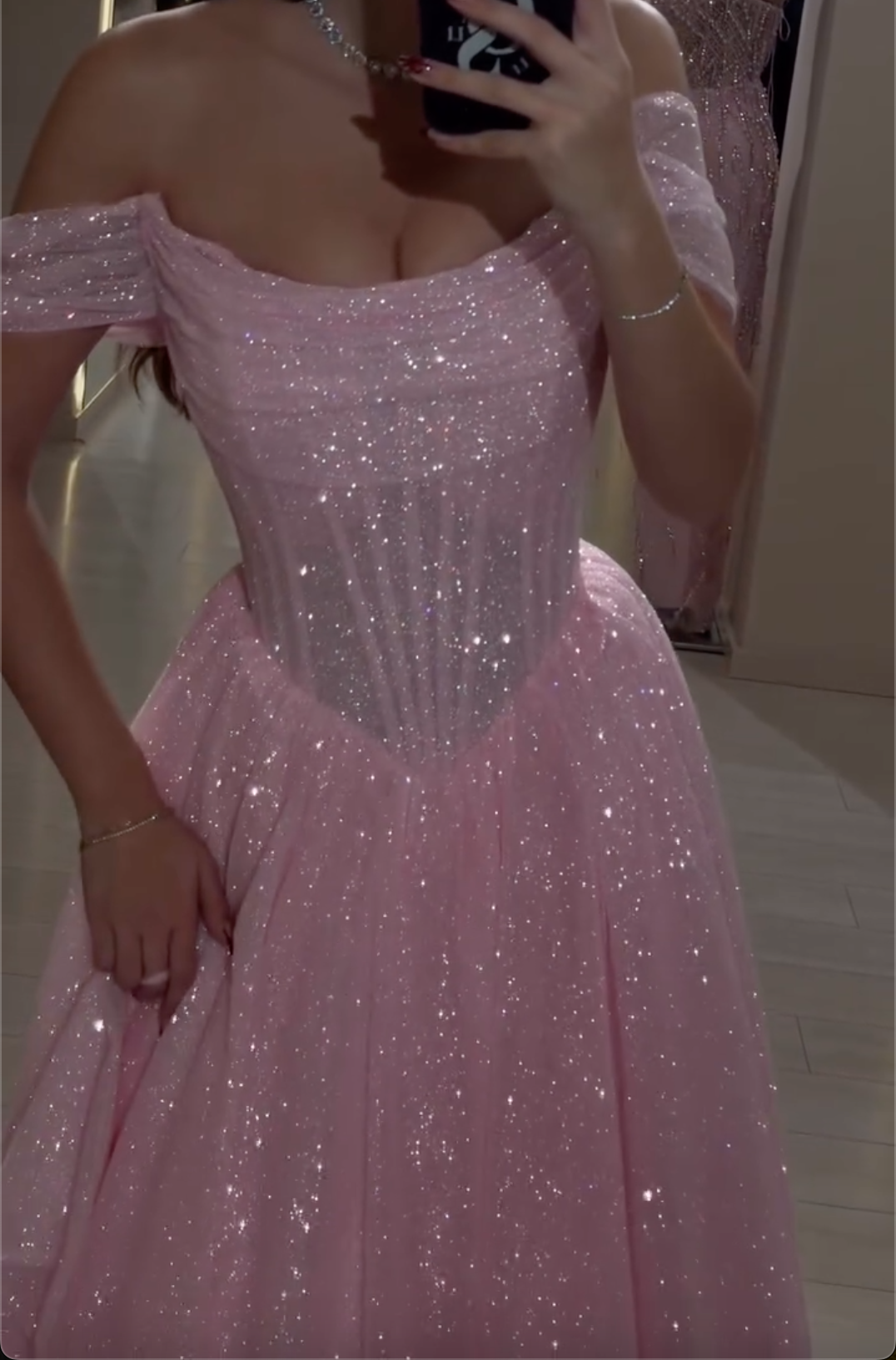 Pink/Blue Glitter Tulle Midi Dress with Off-the-Shoulder Puff Sleeves & Corset Bodice