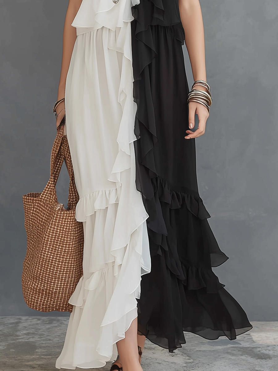 Elegant Black & Ivory Ruffle Panel Maxi Dress