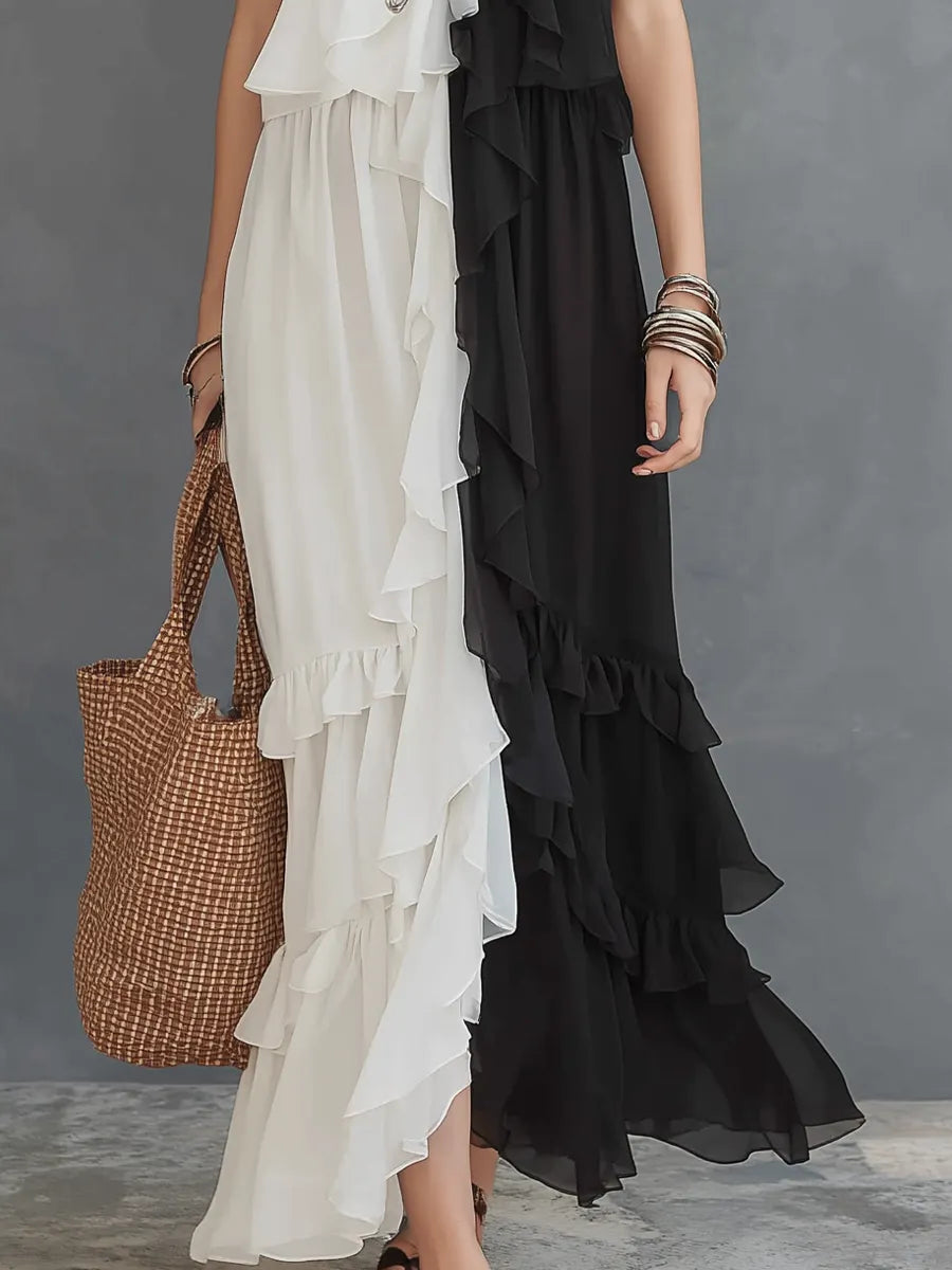 Elegant Black & Ivory Ruffle Panel Maxi Dress