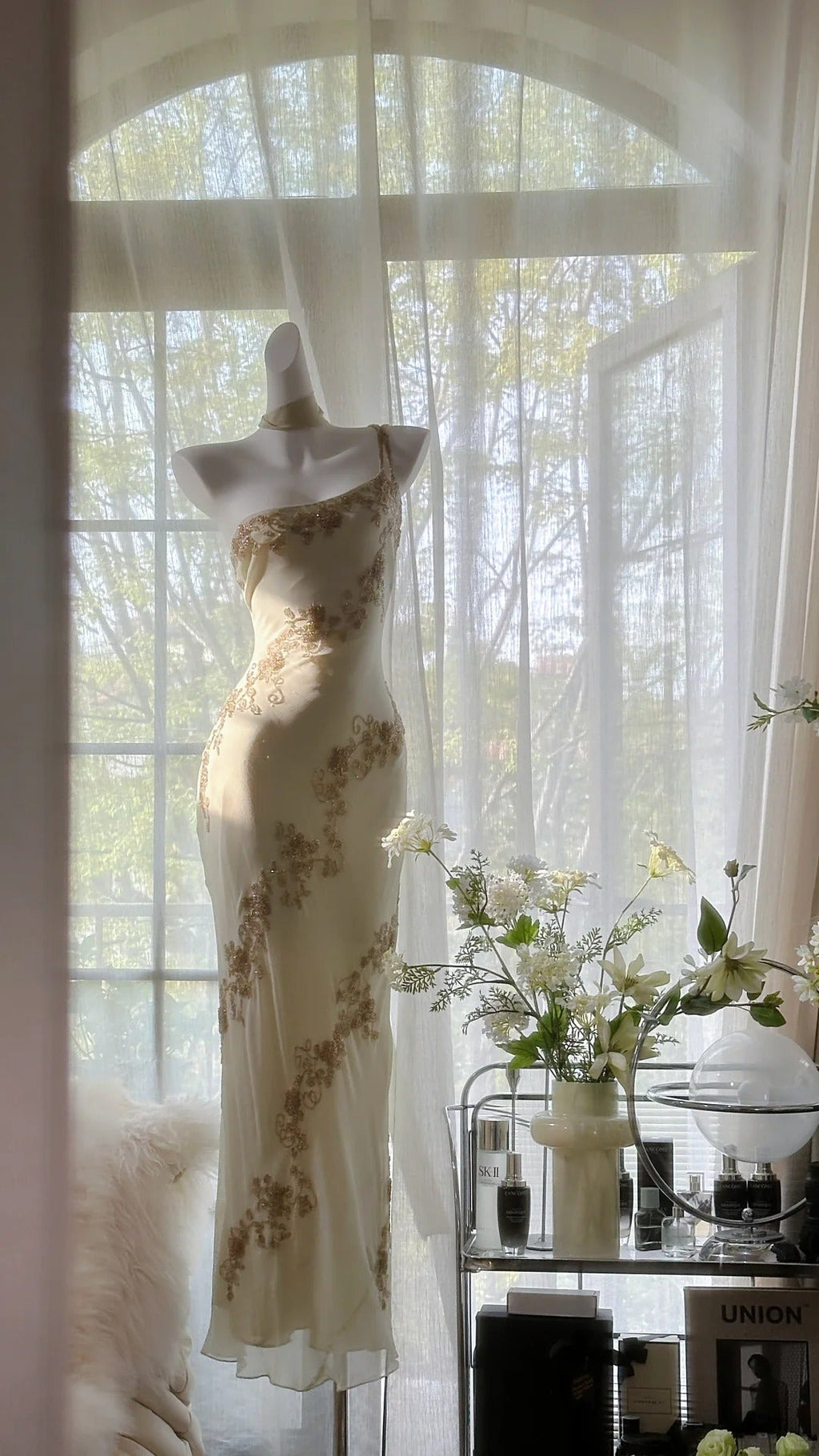 Ivory White Vintage Fashion One Shoulder Exquisite Beaded Long Chiffon Ball Gown Birthday Party Dress Cocktail Party Dress Evening Dress Prom Dress 3971