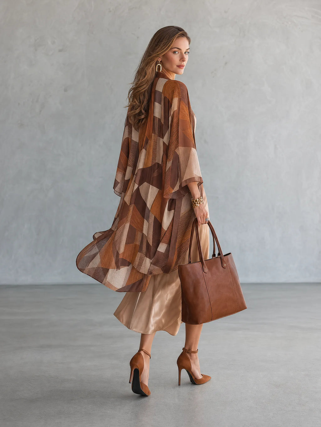 Geometric Print Kimono Cardigan with Satin Slip Dress Two-Piece Set